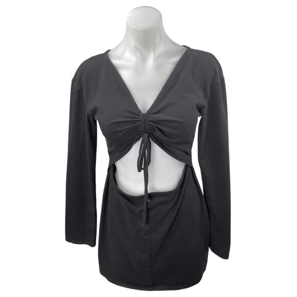 H:ours Black Long Sleeve Tie V Neck Ruched Cutout Waist Mini Bodycon Dress Sz M - Picture 1 of 5